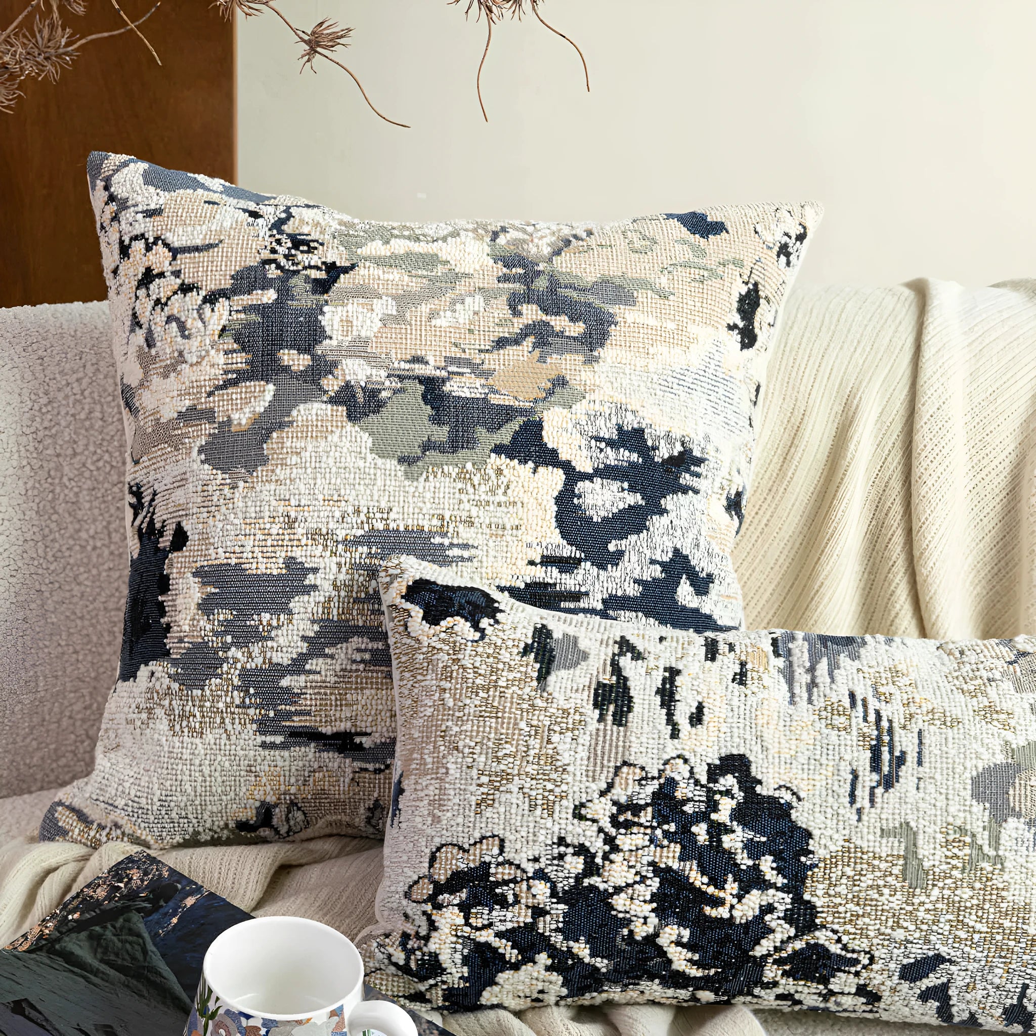 Chinese style blue floral decorative cushion pillow with feather velvet core in square and waist pillow sizes