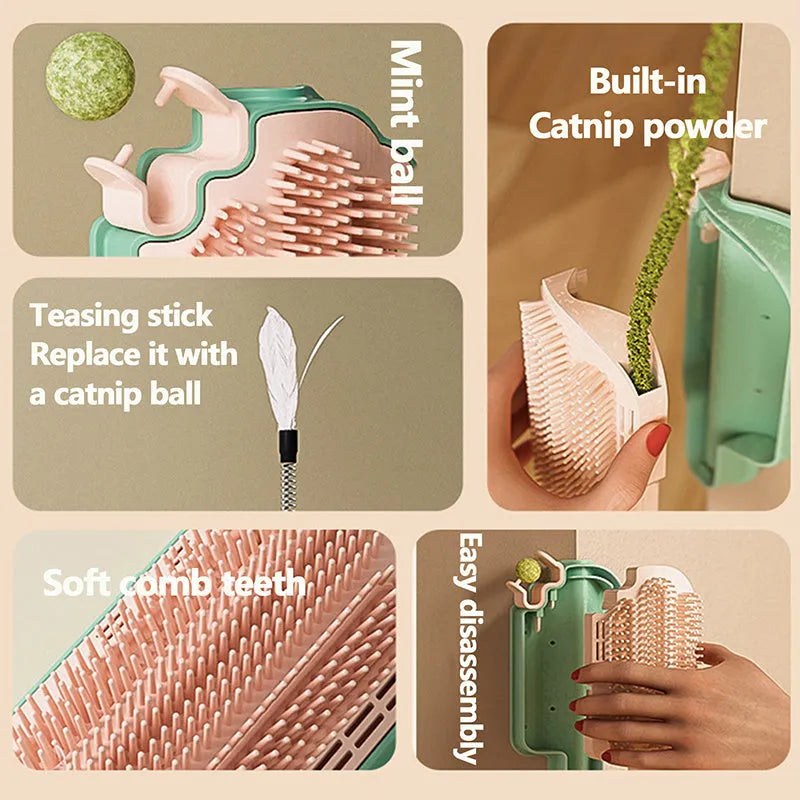 Ice cream cone shaped cat toy with mint ball and feather attachments on textured rubbing corner