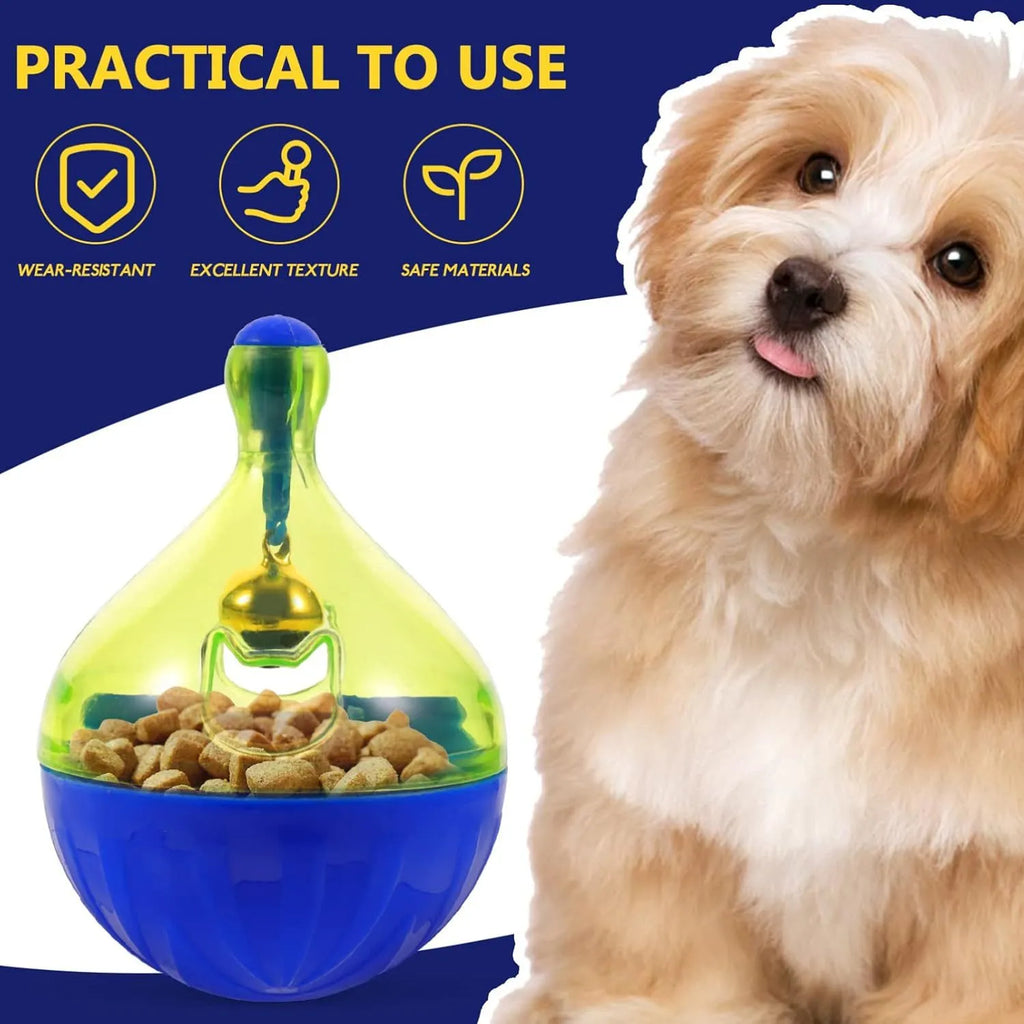 Interactive pet treat tumbler dispenser toy for dogs and cats measuring 14x10x10cm