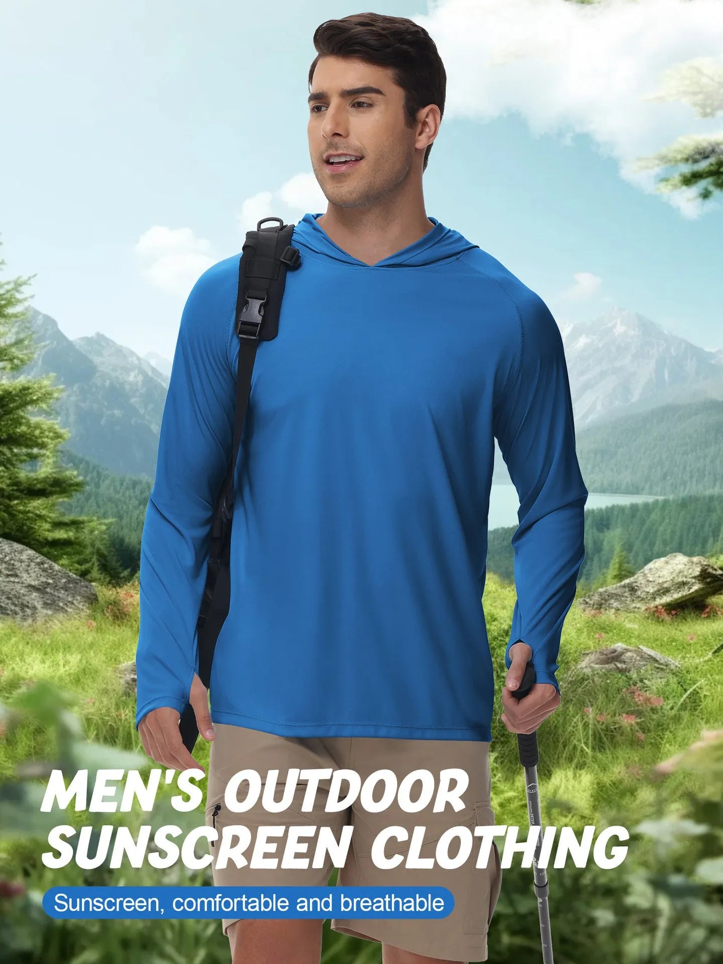 Man wearing a thin grey long sleeve hooded outdoor top for UV protection during fishing or hiking.