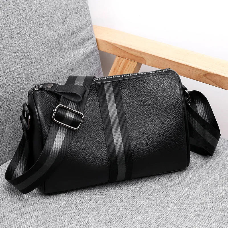 Black genuine leather one-shoulder crossbody bag with polyester lining