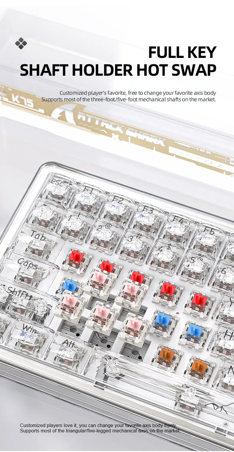 Attack Shark K75 transparent wireless mechanical keyboard with RGB lighting and hot-swappable switches