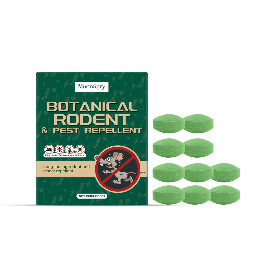 Ten 16g animal repellent pills and three mesh bags for pest control in a box.
