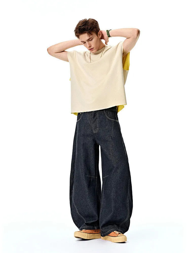 Men's wide leg denim trousers in original cow colour with mid waist design