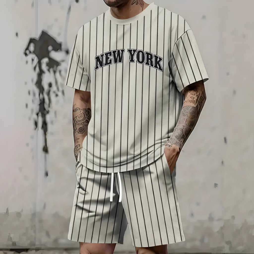 Men's 3D printed letter personality suit with short sleeves and shorts in polyester fibre fabric