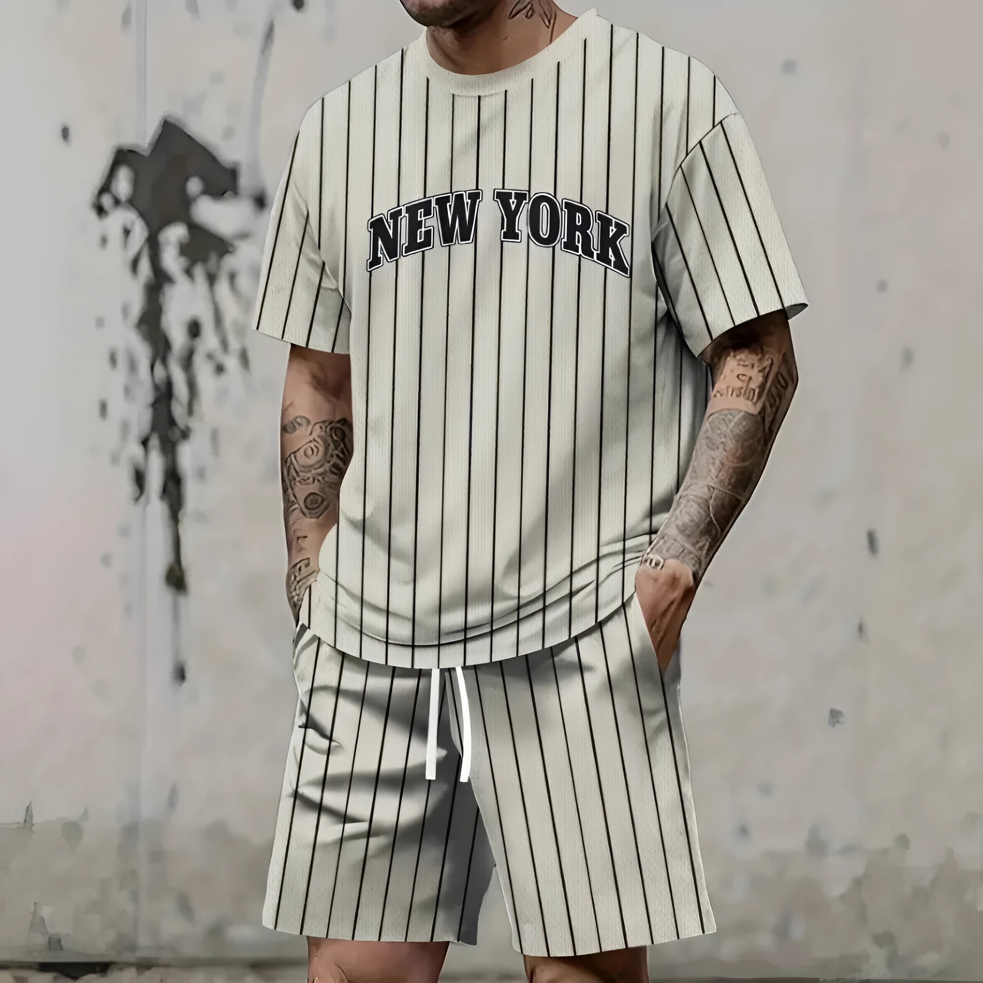 Men's 3D printed letter personality suit with short sleeves and shorts in polyester fibre fabric