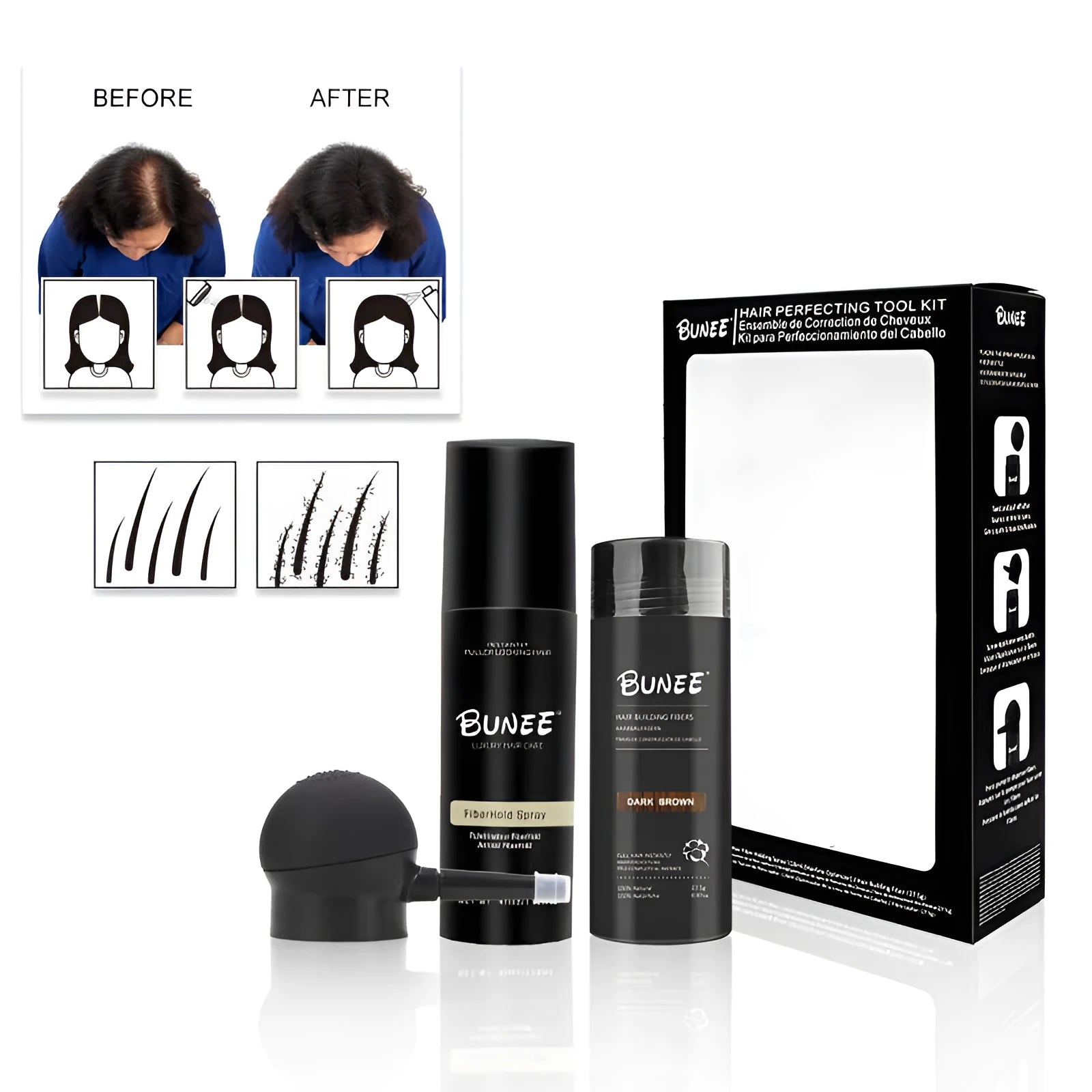 275g dense hair fibre powder can with special applicator nozzle and shaping spray bottle for hair replacement.