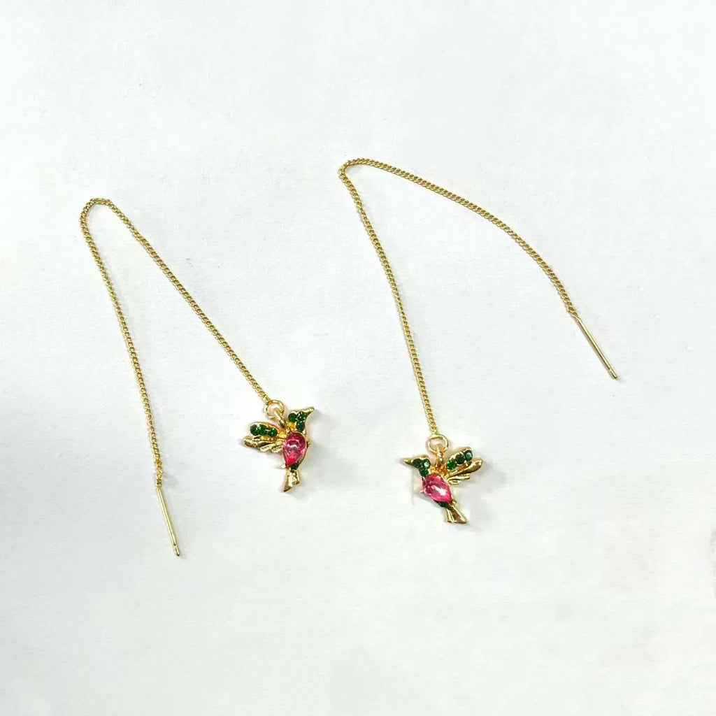 Long style bird hanging earrings with mixed zirconium wings in electroplated alloy construction