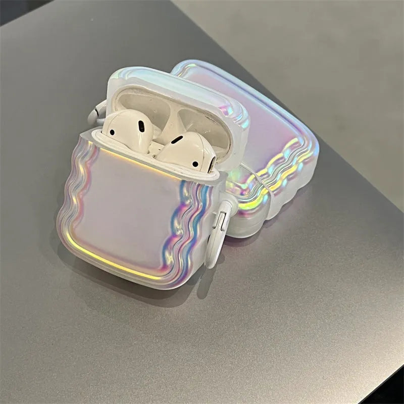 Silicone AirPods case with colourful laser engraving and ring detailing showing compatibility with multiple models