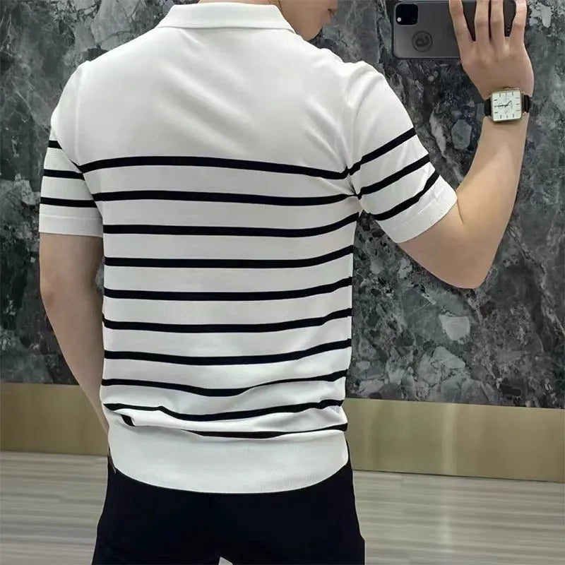 Black and white striped lapel knitted t-shirt pullover on hanger