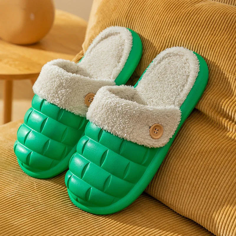 Plaid patterned detachable EVA slippers with plush lining shown in pink, green, yellow, white, grey and black.