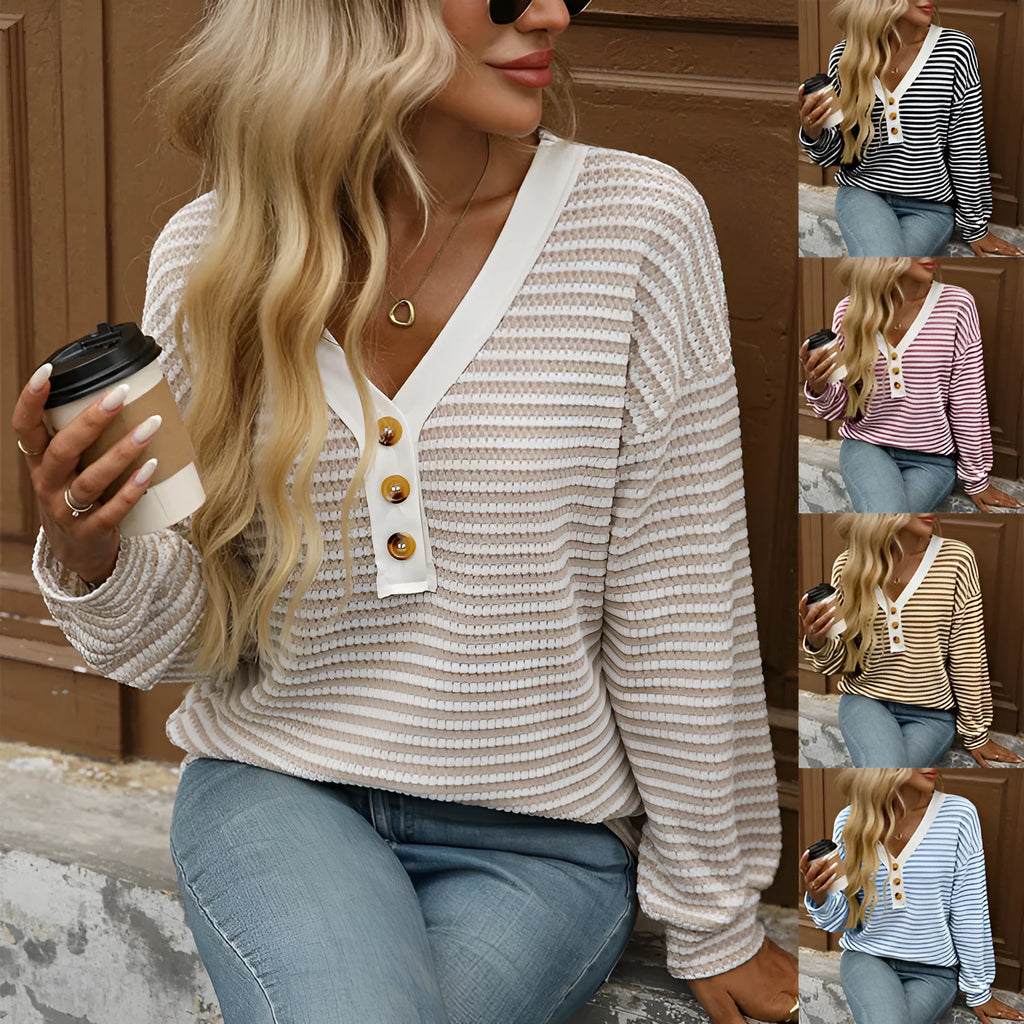 Women's V-neck pullover top with patchwork design and long sleeves in loose casual fit