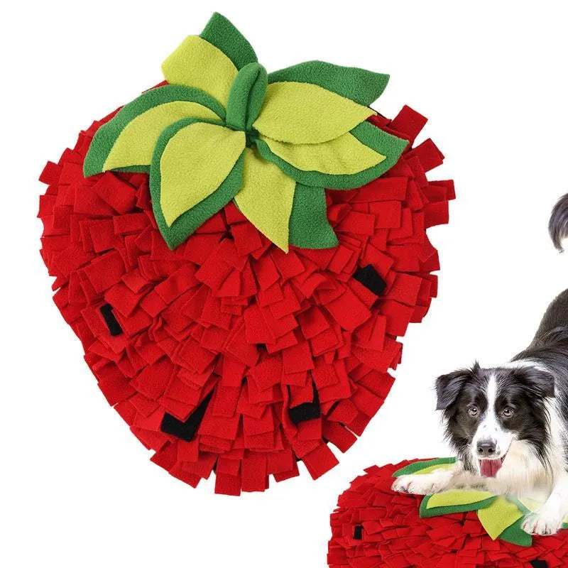 Red and green strawberry-shaped pet sniffing mat for dogs cats slow feeding forage activity