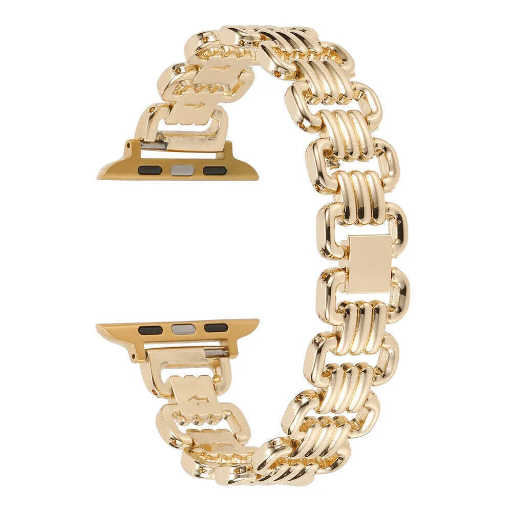 Alloy metal Apple Watch strap in silver, black, gold, rose gold, and Starlight colours on a watch case.