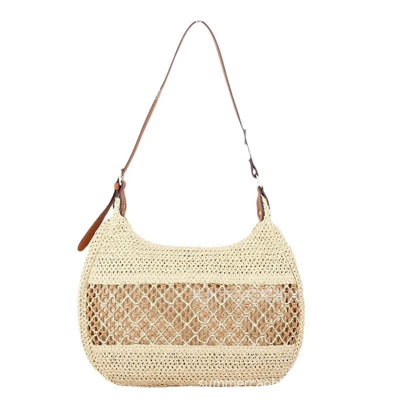 Women's straw cross body bag with soft construction and sandwich pocket in khaki colour