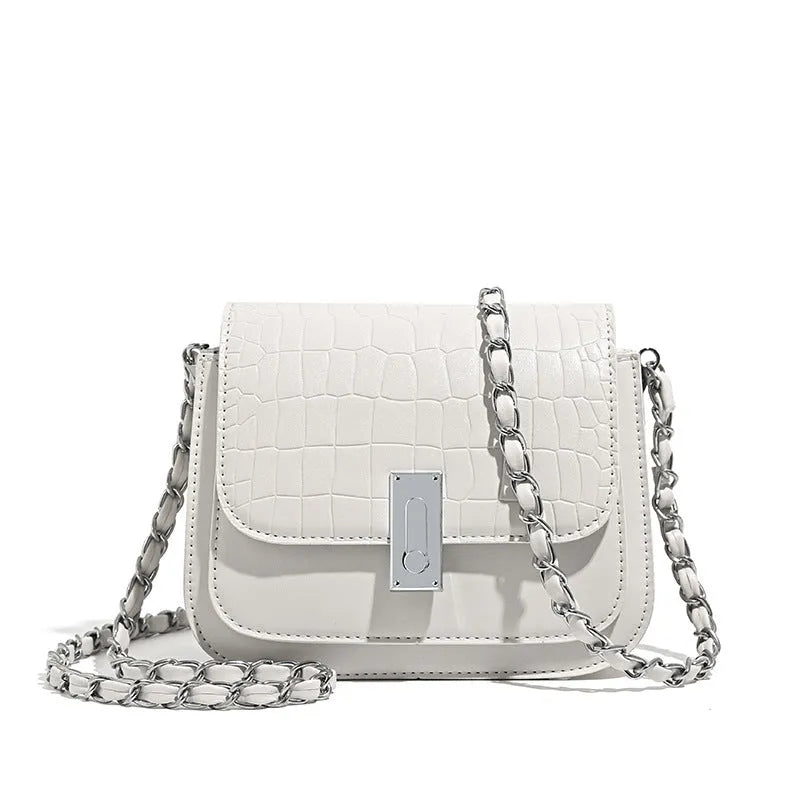 Women's soft PU leather chain shoulder bag in horizontal square shape with mobile phone pocket