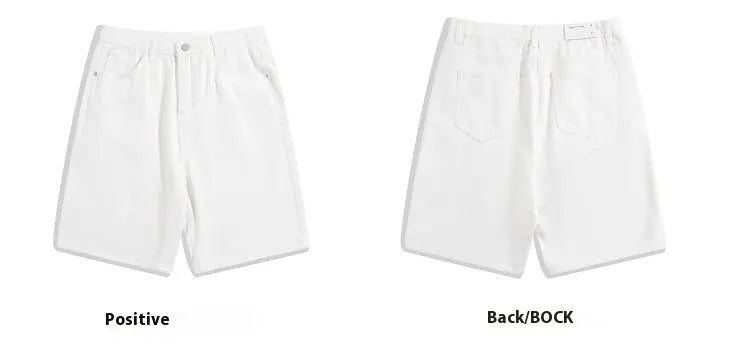 Men's light blue denim shorts showing straight leg and five-pocket design