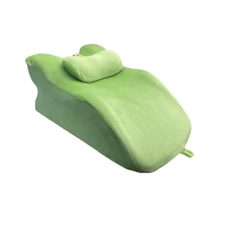 Soft prone position pillow with face cutout for reading, available in blue, gray, and green for stomach sleepers