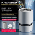 White USB desktop air purifier on a table with Type-C cable and aromatherapy tablets