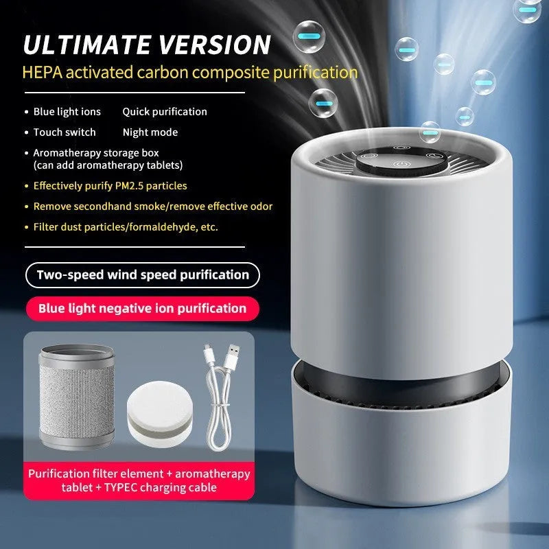 White USB desktop air purifier on a table with Type-C cable and aromatherapy tablets
