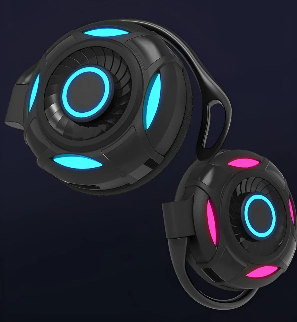 Black and white Bluetooth gaming earphones with hanging ear design and USB charging