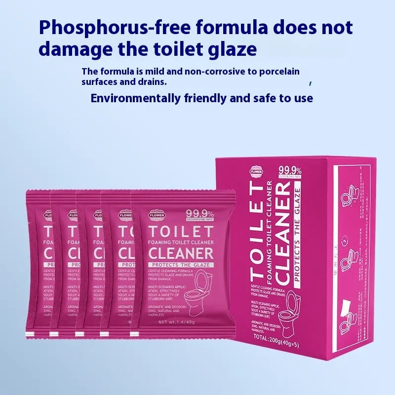 Toilet bubble powder cleaner in blue or pink fragrance, in a 240g bag or box of 40g sachets.