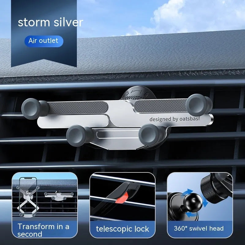 Aluminium alloy car mobile phone holder bracket showing snap-on mounting mechanism for air vent or surface installation