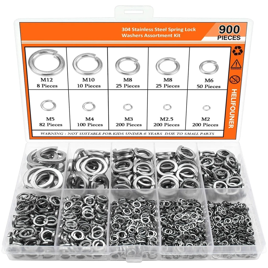 304 stainless steel spring lock washer combination box containing 900 assorted pieces for M2 to M12 fastener diameters
