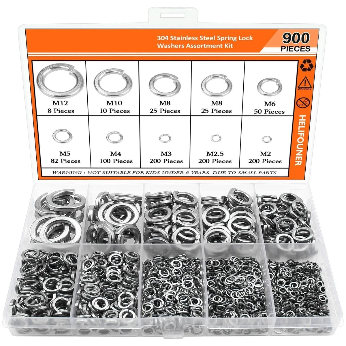 304 stainless steel spring lock washer combination box containing 900 assorted pieces for M2 to M12 fastener diameters