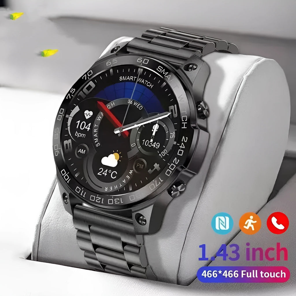 Round Bluetooth sports watch with AMOLED screen and silicone strap in black, shown displaying fitness metrics.