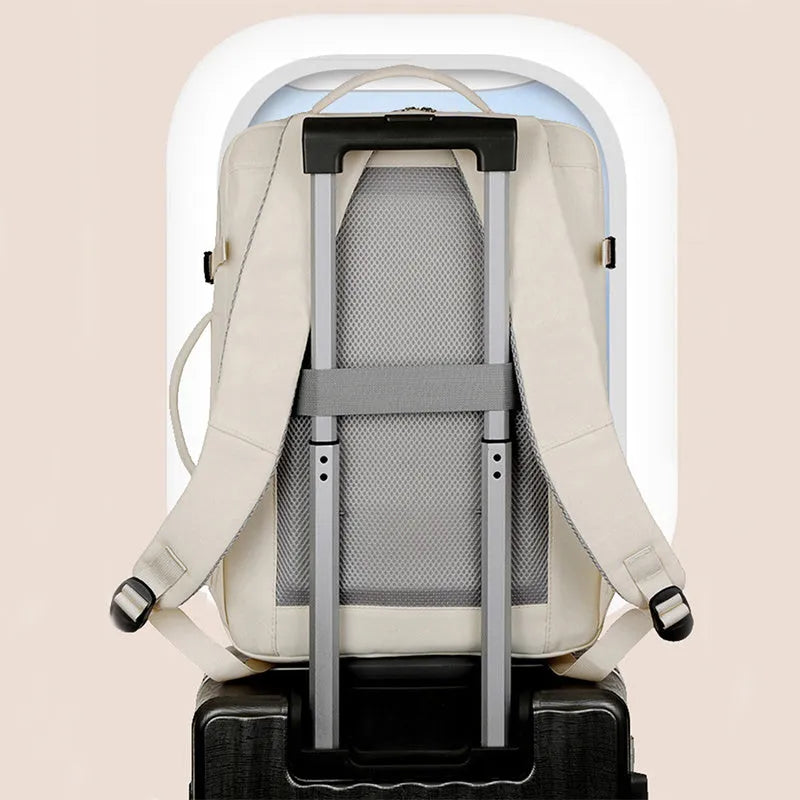 Waterproof Oxford cloth backpack in five colours showing multiple pockets and laptop compartment
