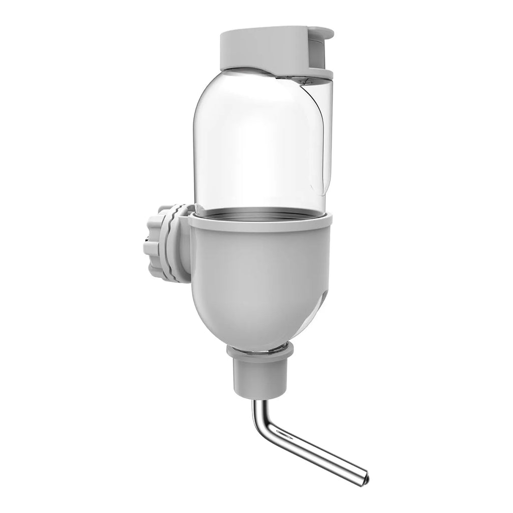 Blue small animal water bottle with rotatable nozzle shown attached to a cage.
