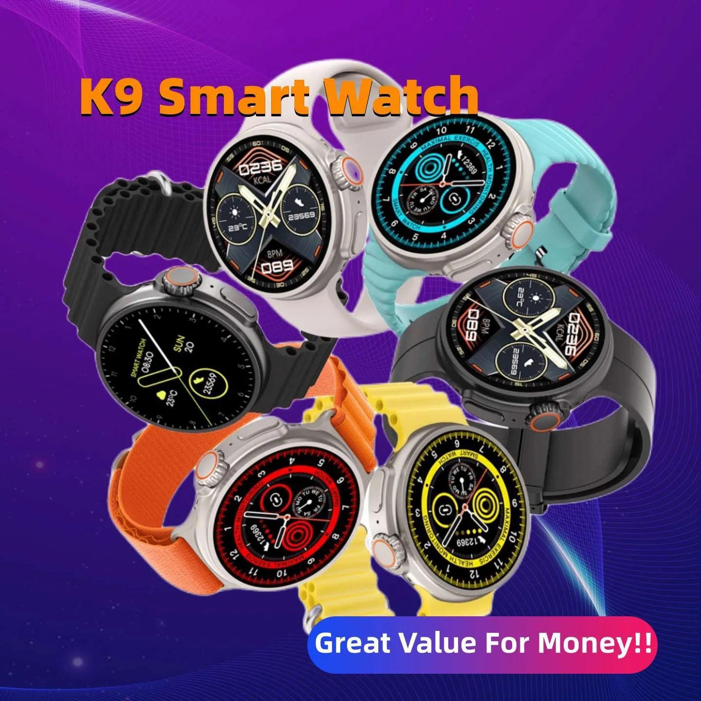K9 smart watch with 1.39 inch round screen and silicone strap showing interface with health metrics