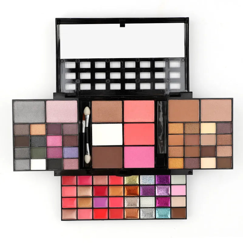 74 colour makeup combination plate with four layers, mirror, and included brushes