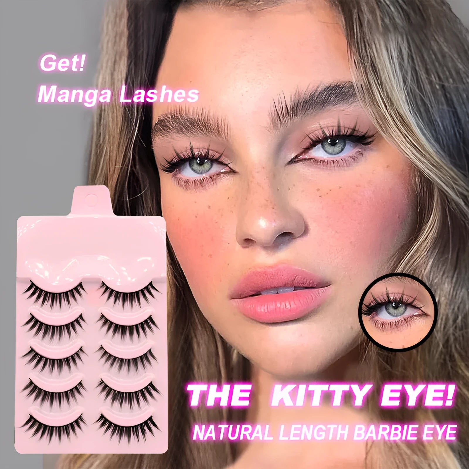 Set of manga-style false eyelashes showing natural wispy styles 007, 008, and 009 on black plastic bands.