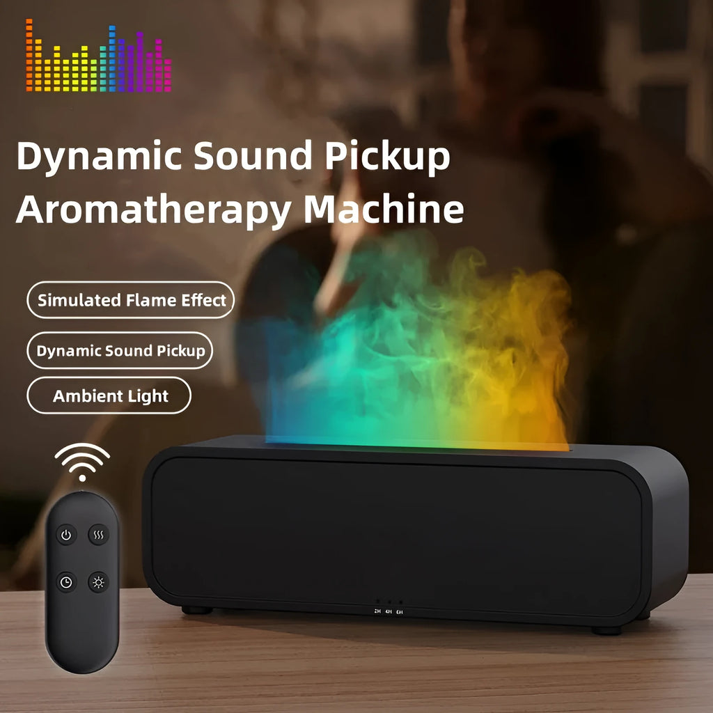 Black and white aroma diffuser with colour-changing LEDs, remote control, and USB cable.