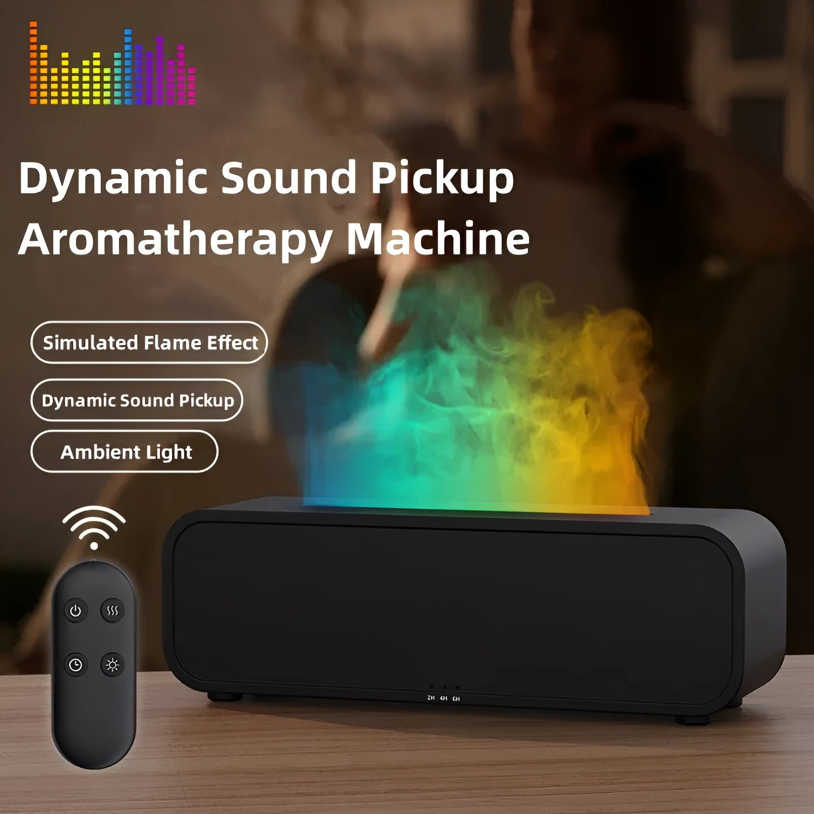 Black and white aroma diffuser with colour-changing LEDs, remote control, and USB cable.