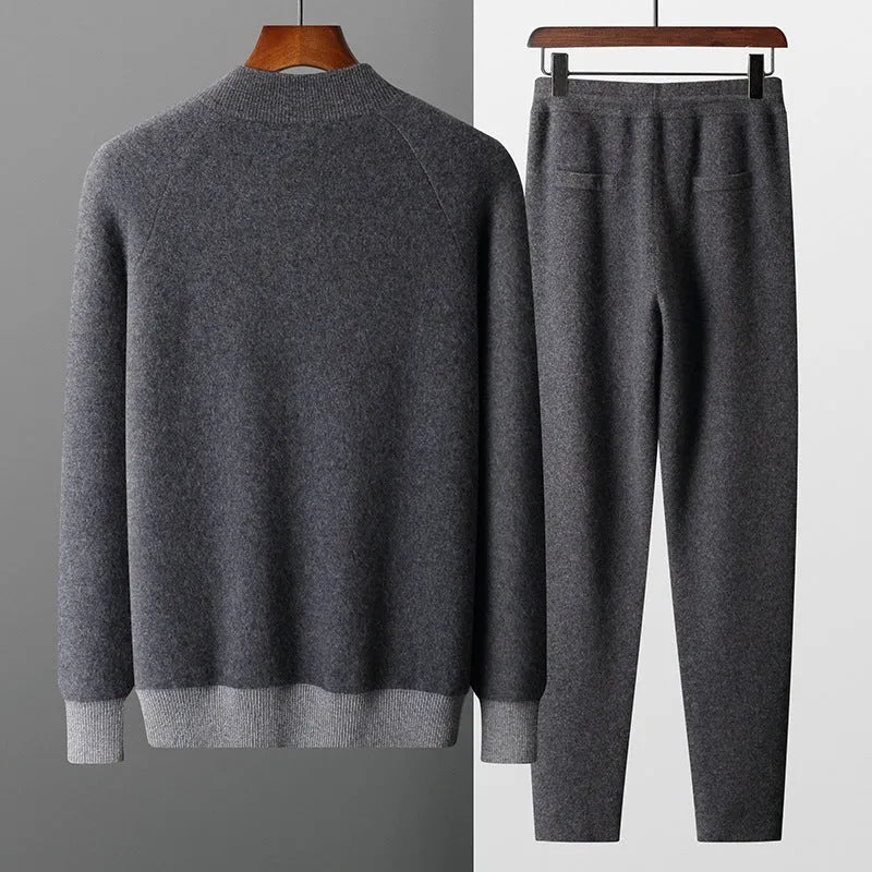 Cashmere wool blend men's sports cardigan suit with half turtleneck and matching trousers