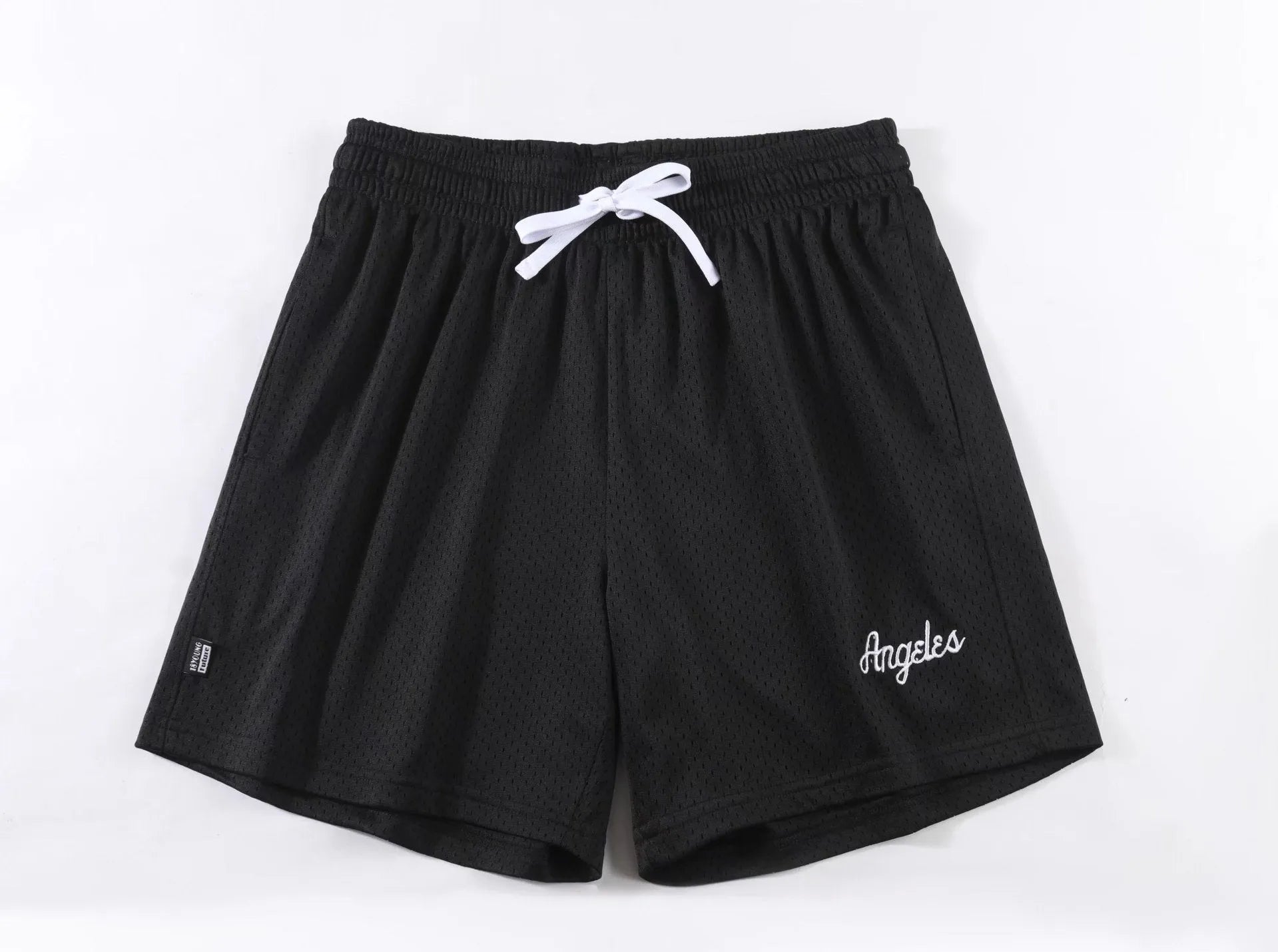 Men's black double-layer mesh sport shorts on a white background