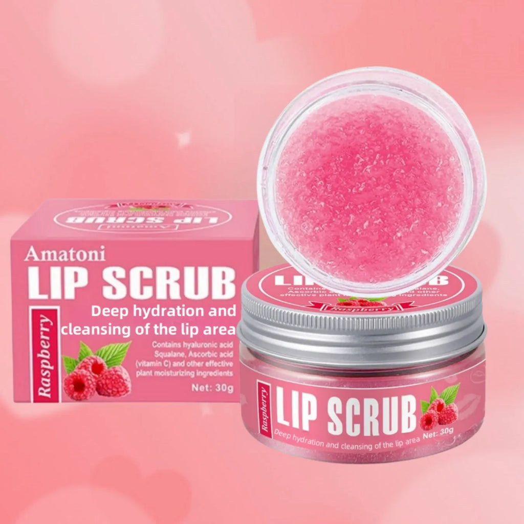 Amatoni fruit flavour lip scrub cream in 30g pot with coconut, raspberry, vanilla or watermelon options