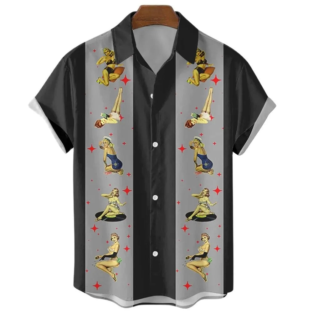 Men's striped Hawaiian short sleeve shirt with button front and elastic band construction