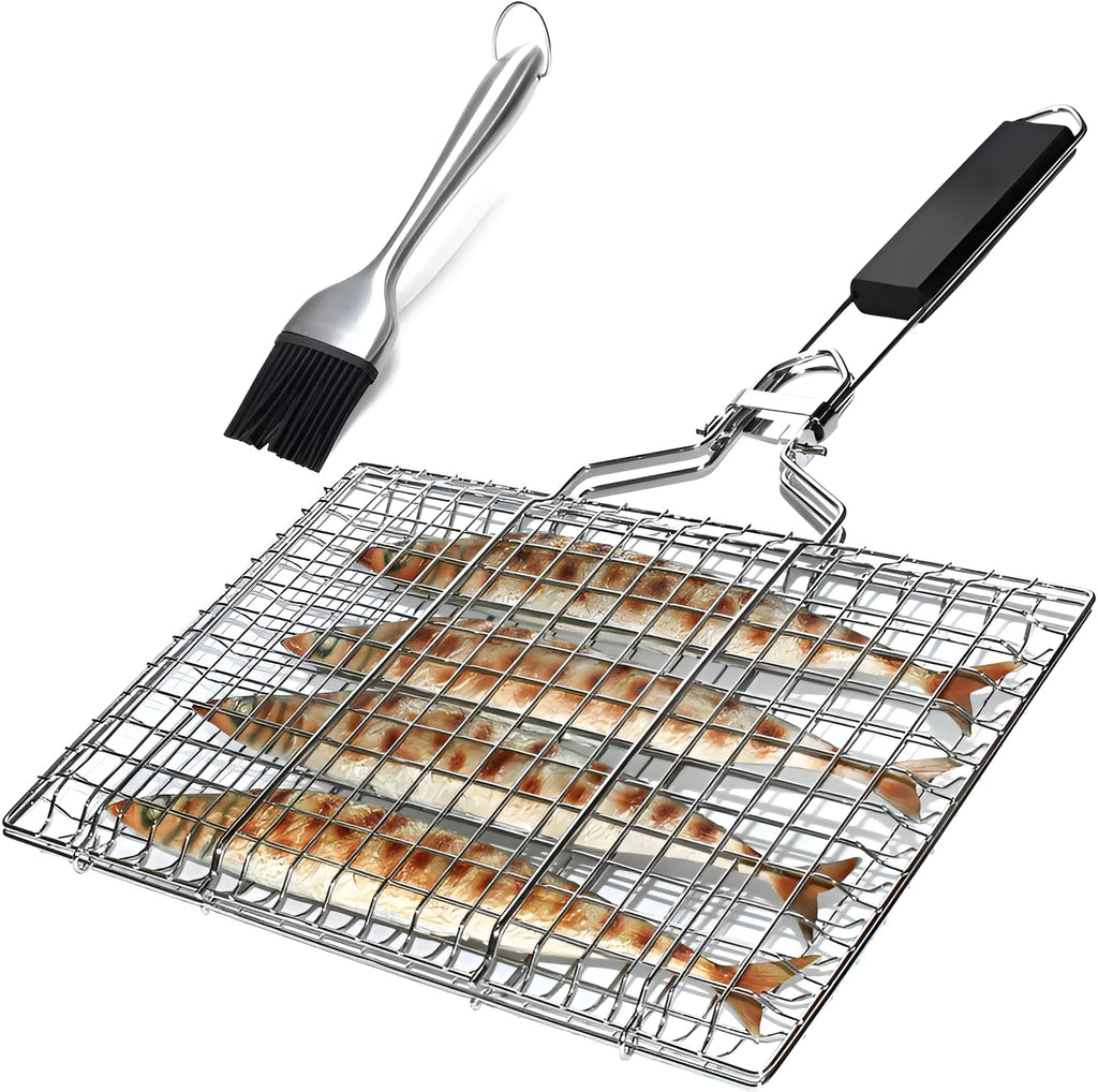 Stainless steel square barbecue mesh basket with folding design and cleaning brush