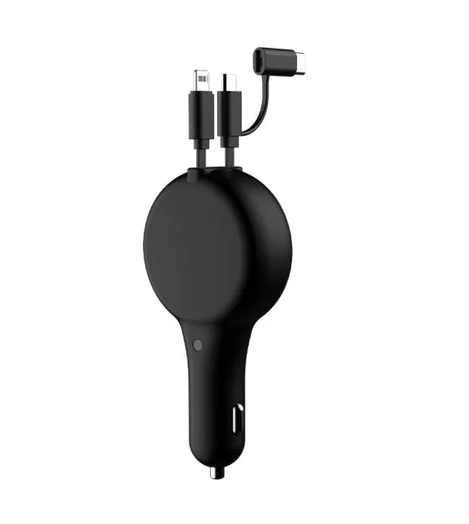 Black retractable car charger with two coiled cables and three charging heads displayed next to a car power socket.