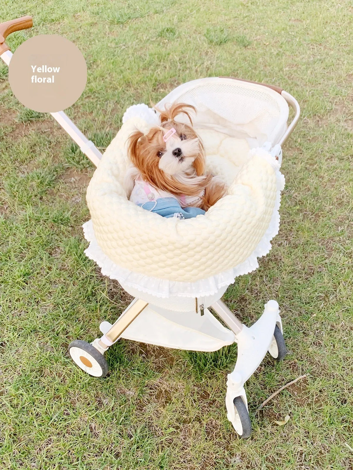 Pure cotton pet stroller accessory set showing removable towel, cushion and pillow in striped pattern