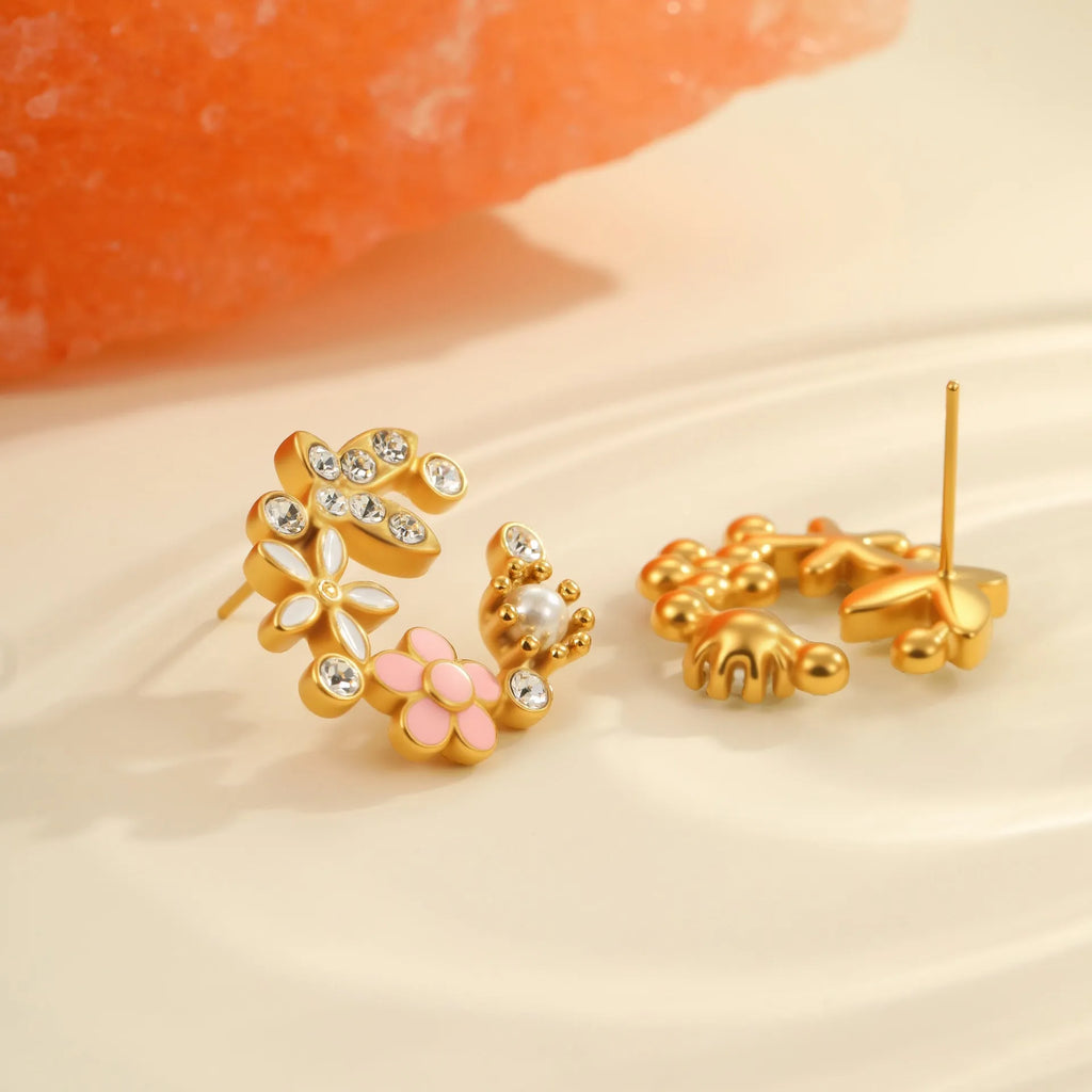 Gold electroplated flower stud earrings with petal design and colourful oil finish