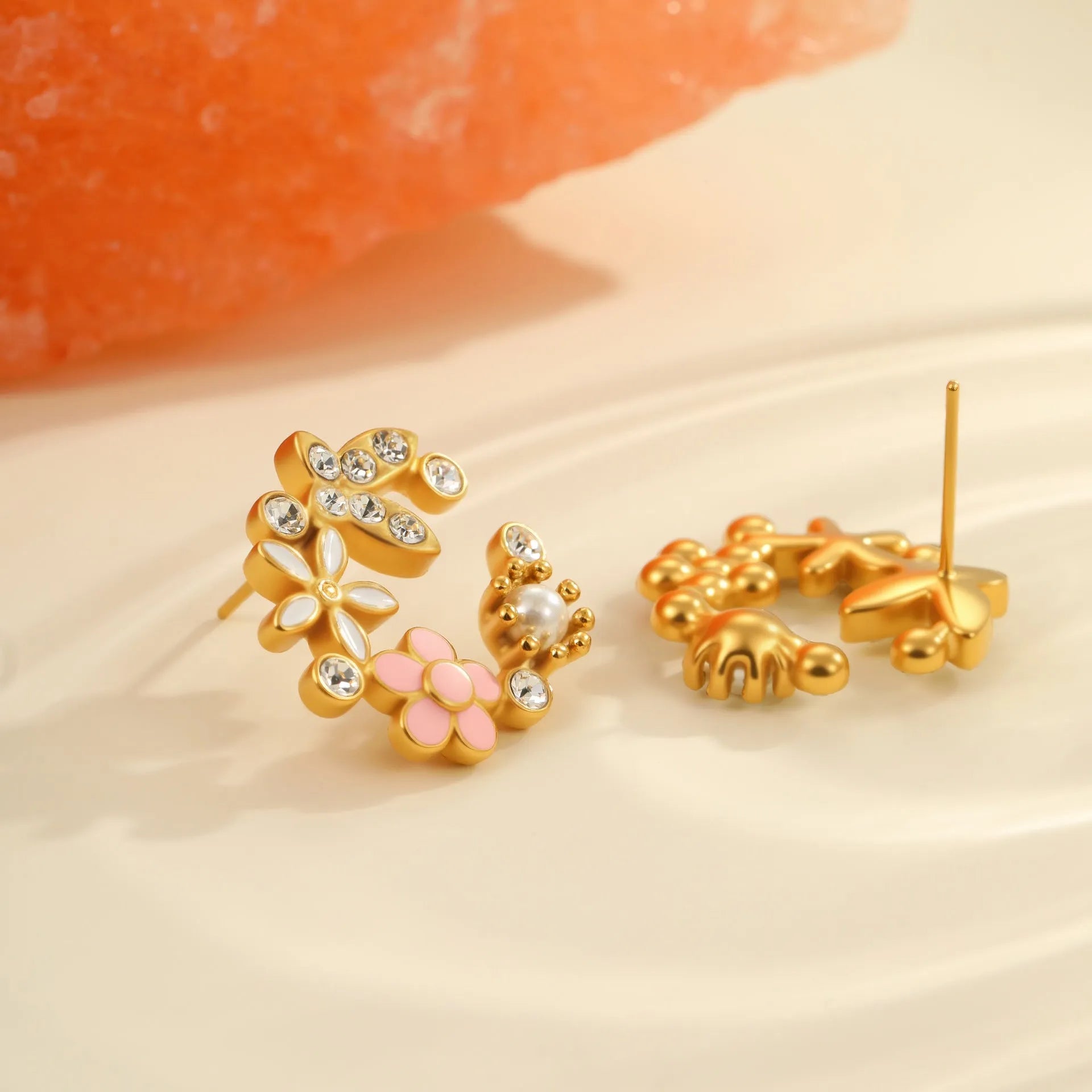 Gold electroplated flower stud earrings with petal design and colourful oil finish