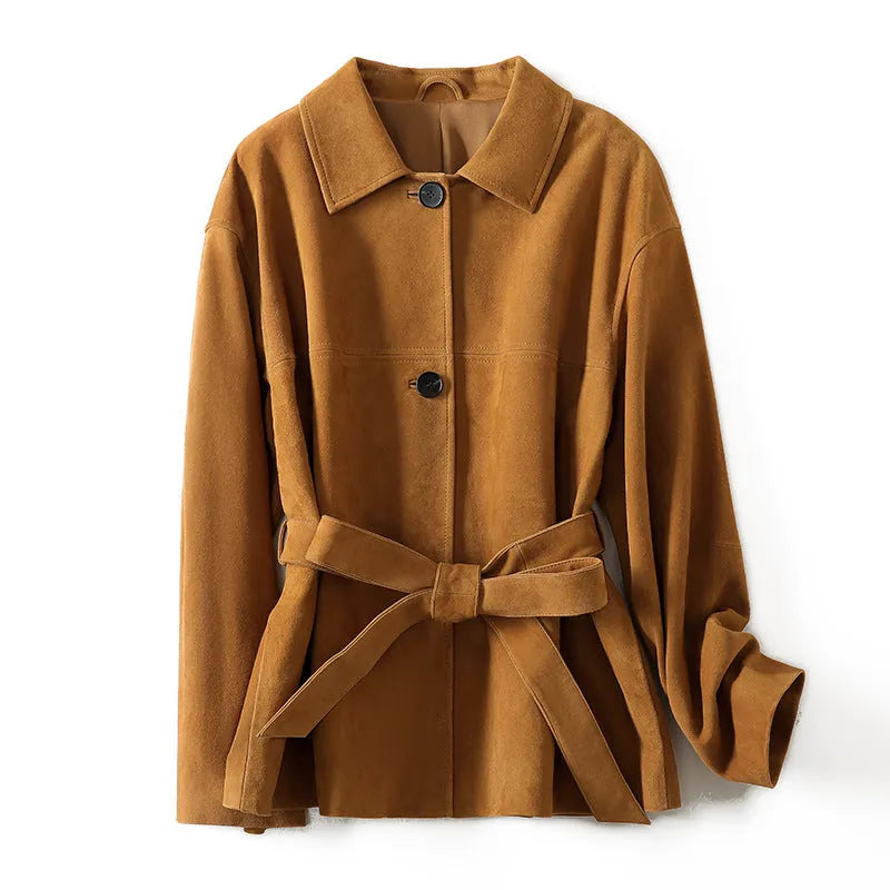 Women's retro style cashmere coat with Peter Pan collar and leather stitching details in loose fit mid-length design