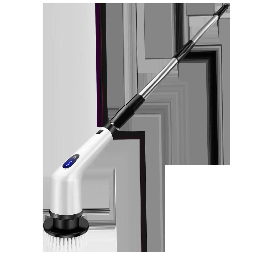 White rechargeable handheld cleaning brush with detachable head on white background