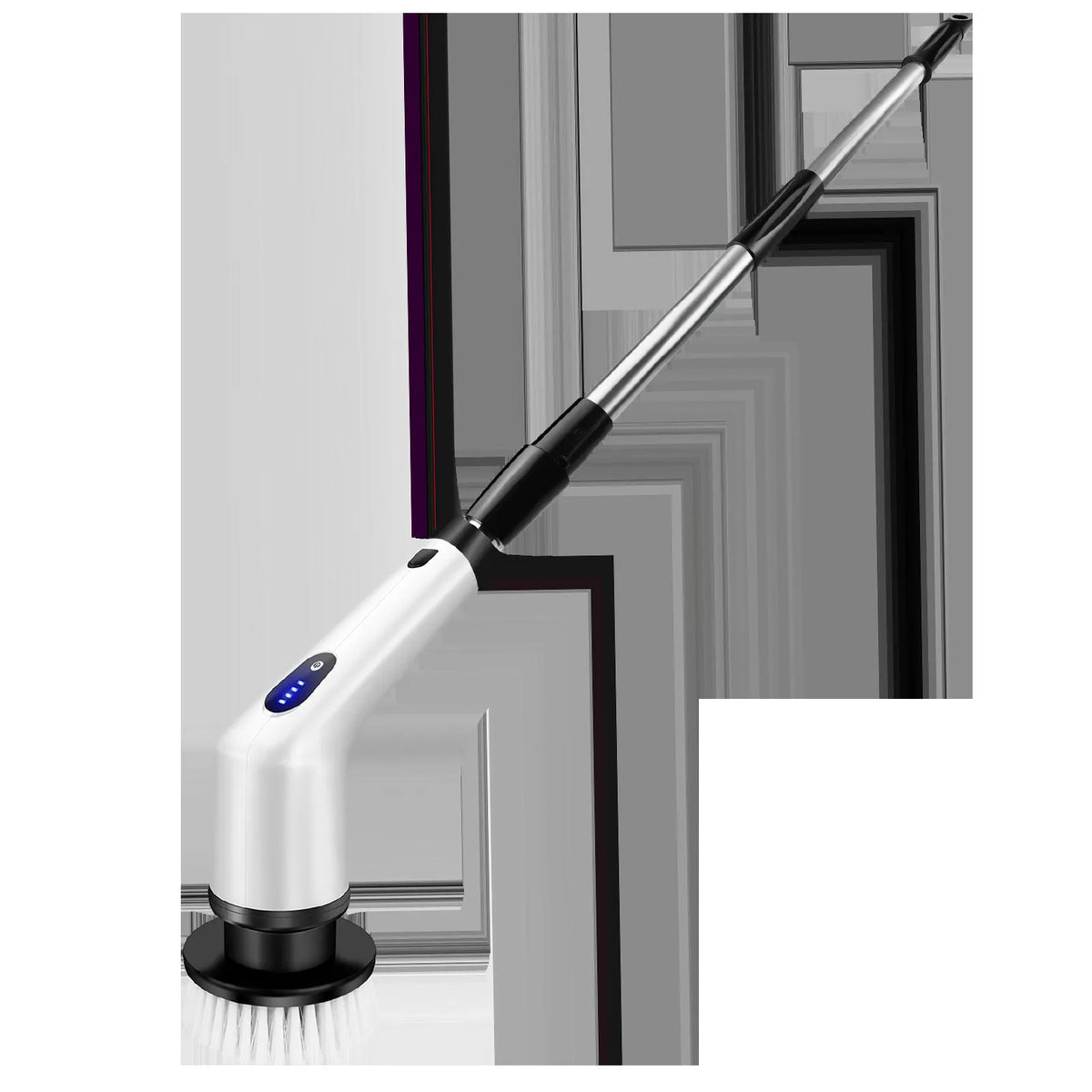 White rechargeable handheld cleaning brush with detachable head on white background