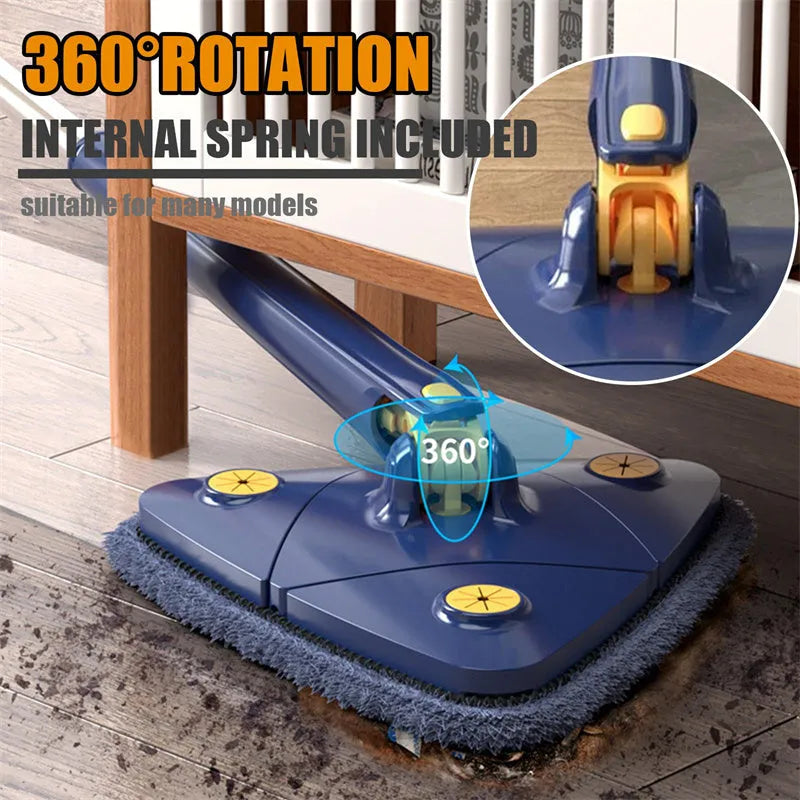 Blue extendable triangle cleaning mop with 360-degree rotating head and microfiber cloth